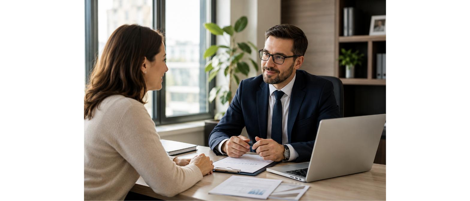 Consultant juridic discutând cu un client despre insolvența persoanelor fizice